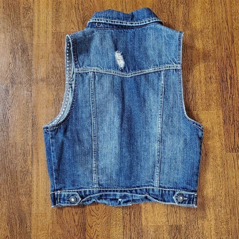 Vanity Womens Sz Medium Denim Vest Distressed Bejeweled - Picture 2 of 11